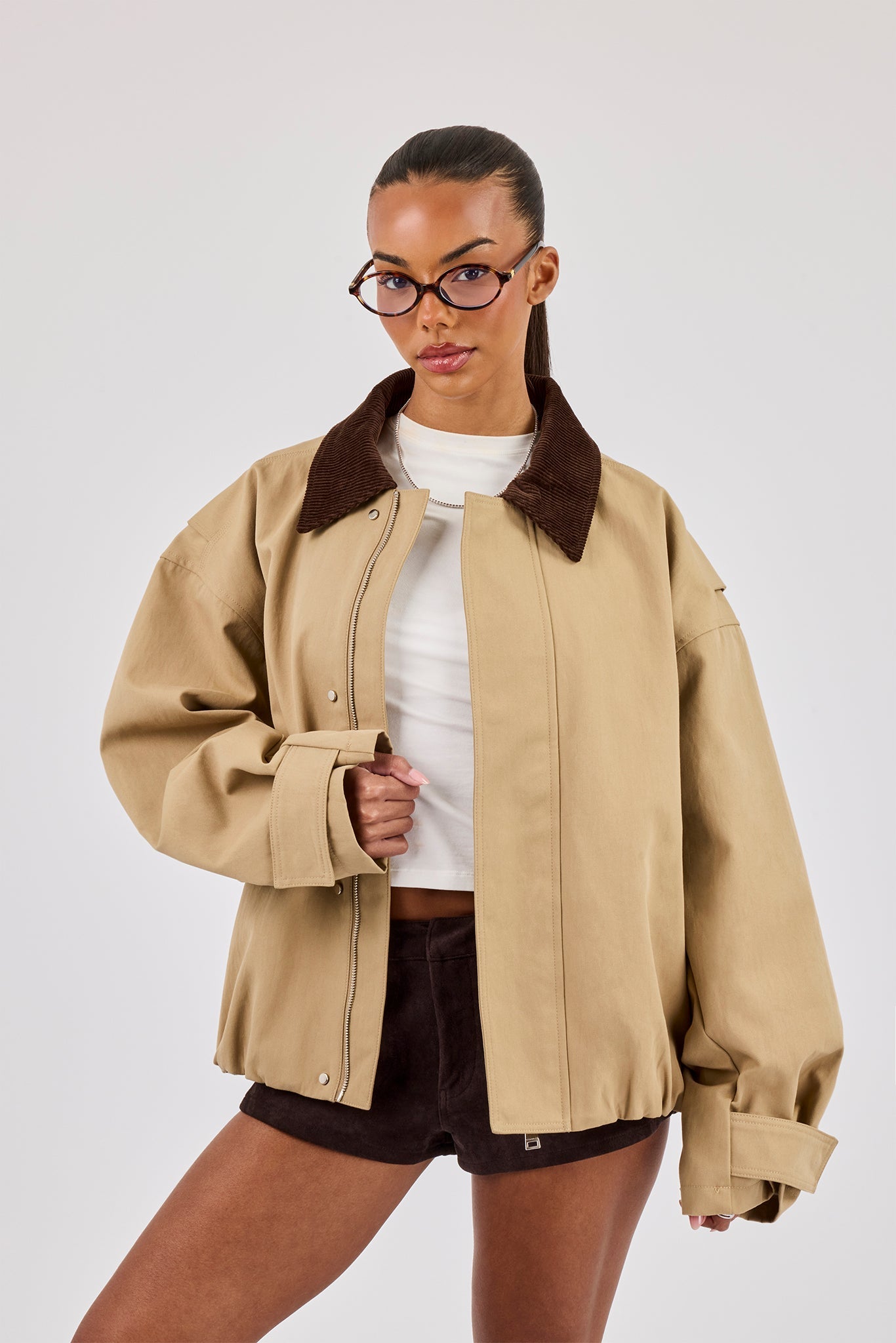 Oversized Twill Harrington Jacket - Beige