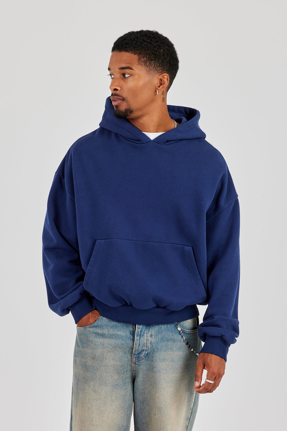 Washed Applique Logo Boxy Hoodie - Navy Blue