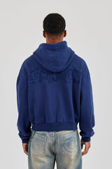 Washed Applique Logo Boxy Hoodie - Navy Blue