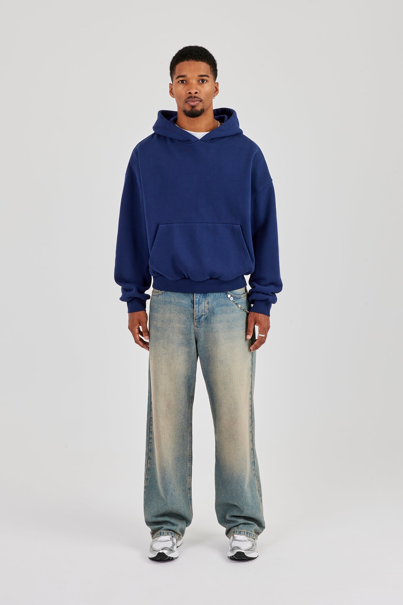 Washed Applique Logo Boxy Hoodie - Navy Blue