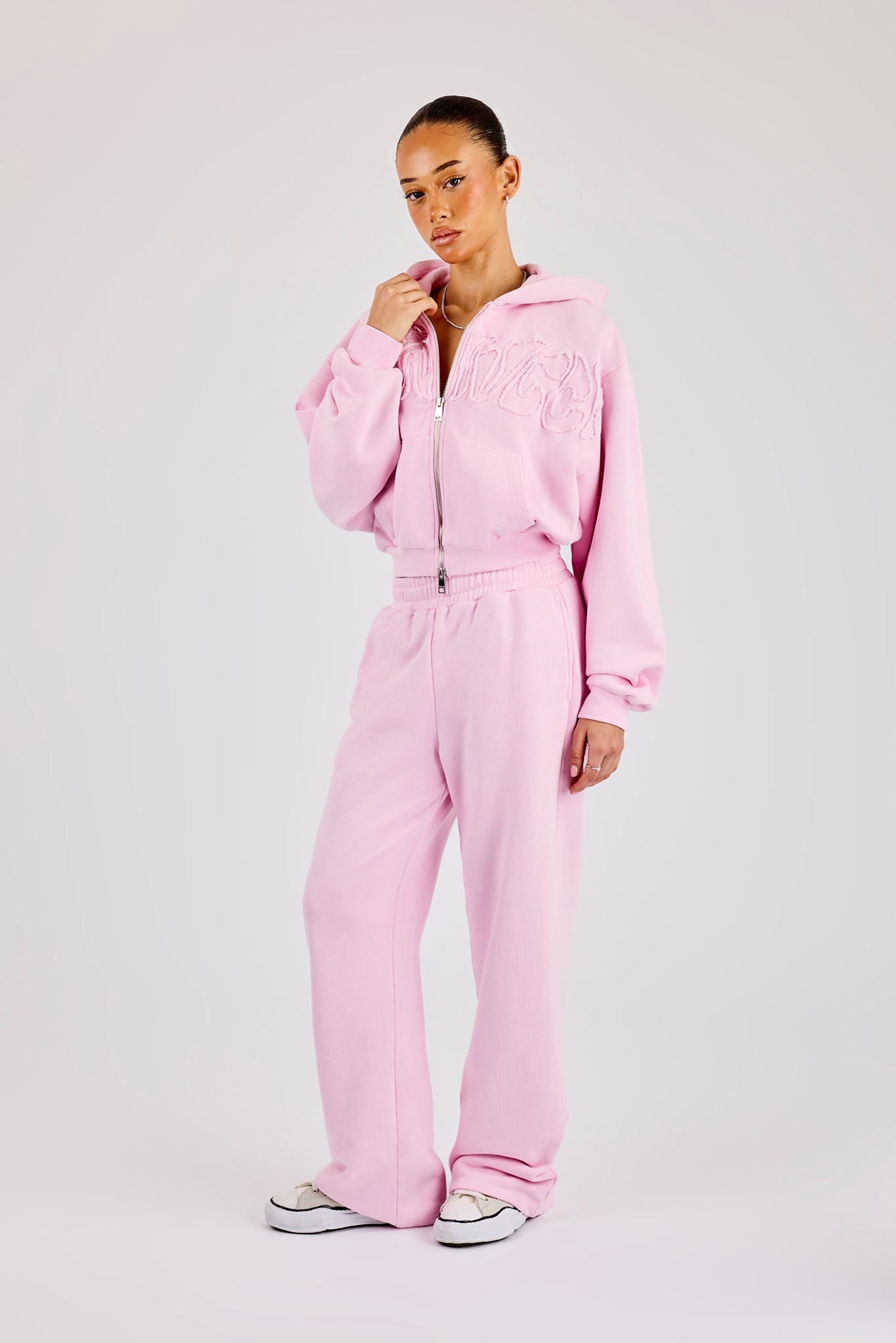 Washed Applique Logo Boxy Zip Through Hoodie & Wide Leg Jogger - Light Pink
