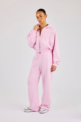Washed Applique Logo Boxy Zip Through Hoodie & Wide Leg Jogger - Light Pink
