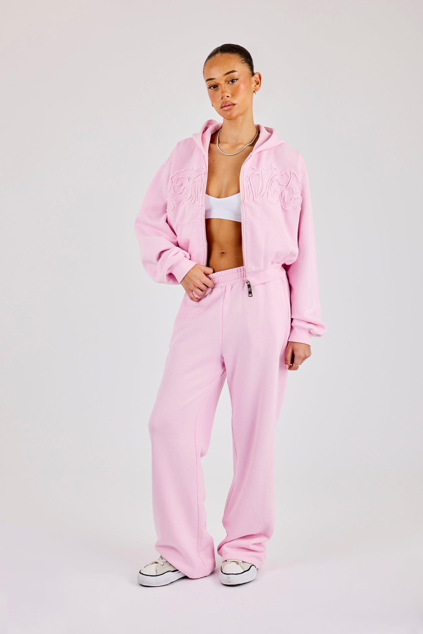 Washed Applique Logo Boxy Zip Through Hoodie & Wide Leg Jogger - Light Pink