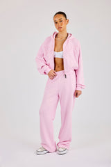 Washed Applique Logo Boxy Zip Through Hoodie & Wide Leg Jogger - Light Pink