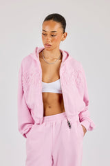 Washed Applique Logo Boxy Zip Through Hoodie - Light Pink