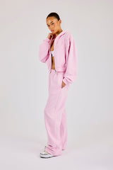 Washed Applique Logo Boxy Zip Through Hoodie & Wide Leg Jogger - Light Pink