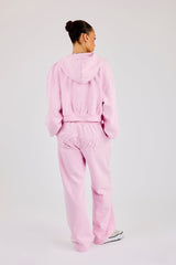 Washed Applique Logo Boxy Zip Through Hoodie & Wide Leg Jogger - Light Pink