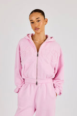Washed Applique Logo Boxy Zip Through Hoodie - Light Pink
