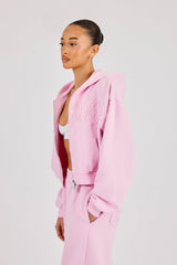 Washed Applique Logo Boxy Zip Through Hoodie - Light Pink