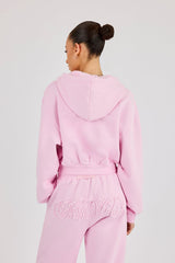 Washed Applique Logo Boxy Zip Through Hoodie - Light Pink