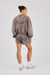Washed Applique Logo Boxy Zip Through Hoodie & Short - Grey