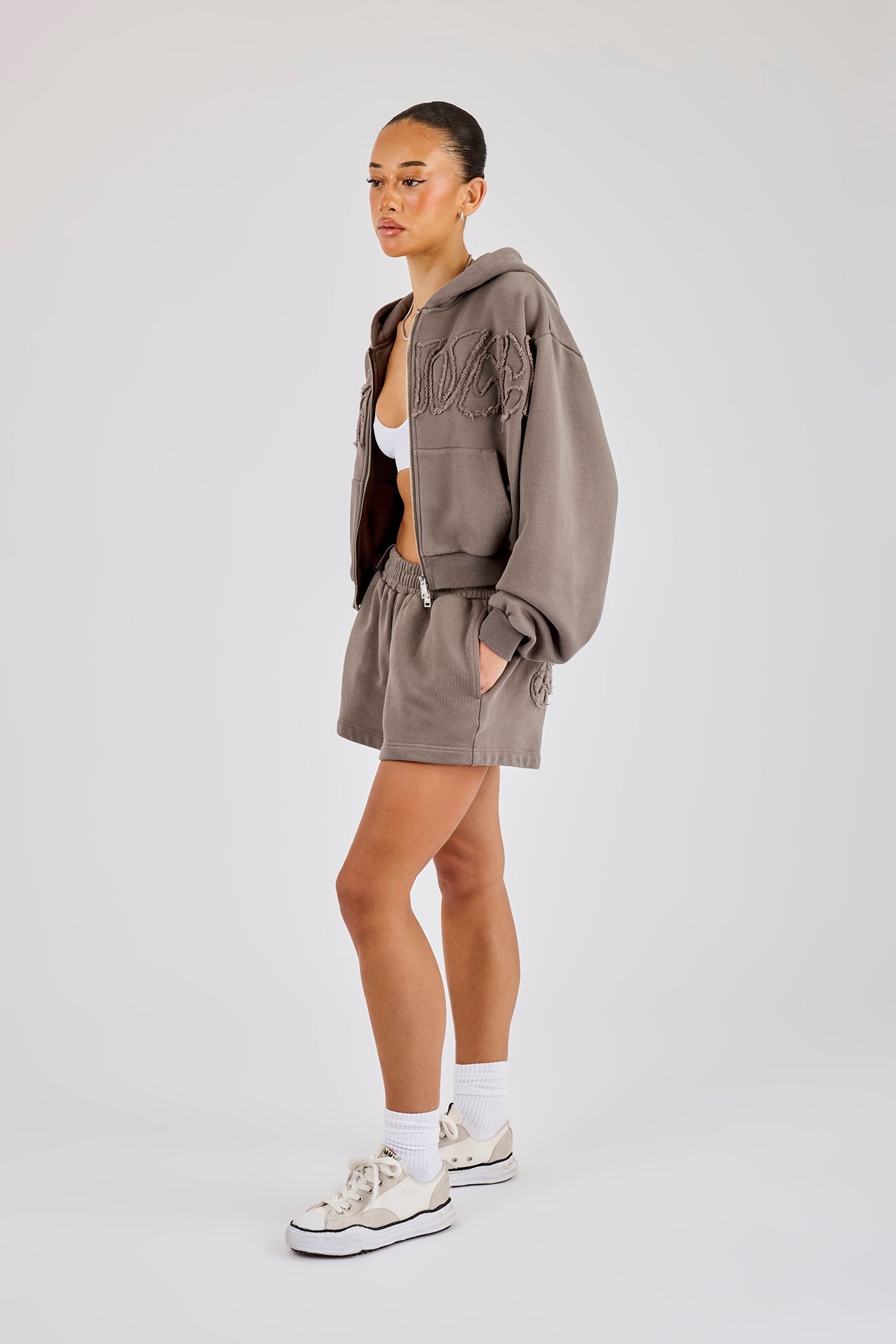 Washed Applique Logo Boxy Zip Through Hoodie & Short - Grey