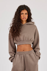 Washed Applique Super Crop Hoodie - Grey
