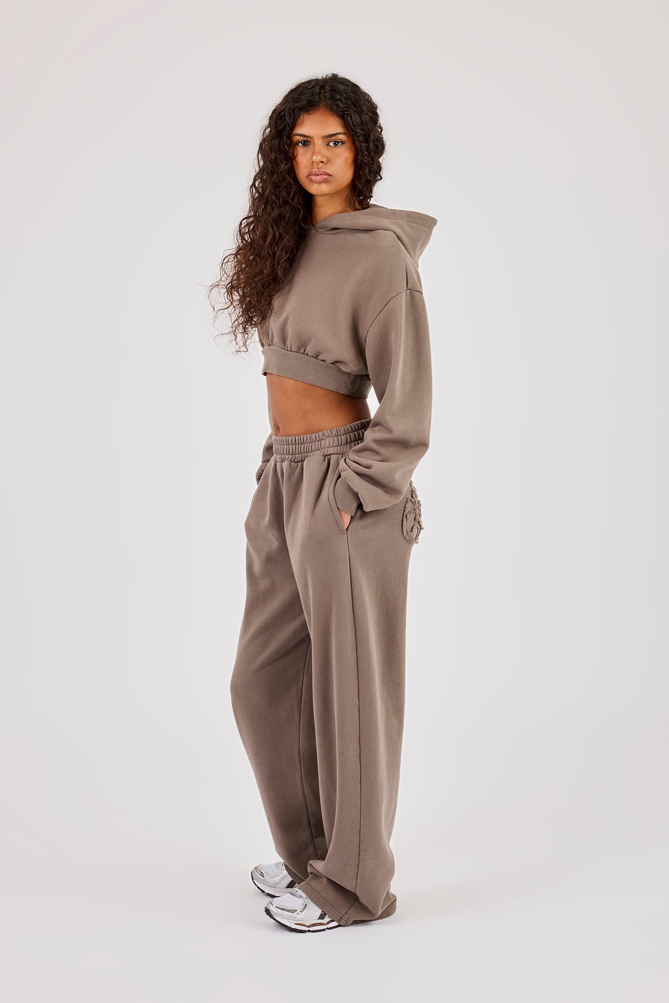 Washed Applique Super Crop Hoodie & Wide Leg Jogger - Grey