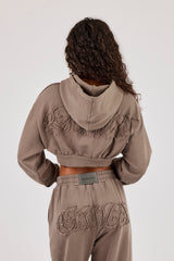 Washed Applique Super Crop Hoodie - Grey