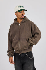 Washed Zip Through Hoodie - Brown