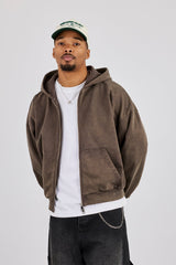 Washed Zip Through Hoodie - Brown