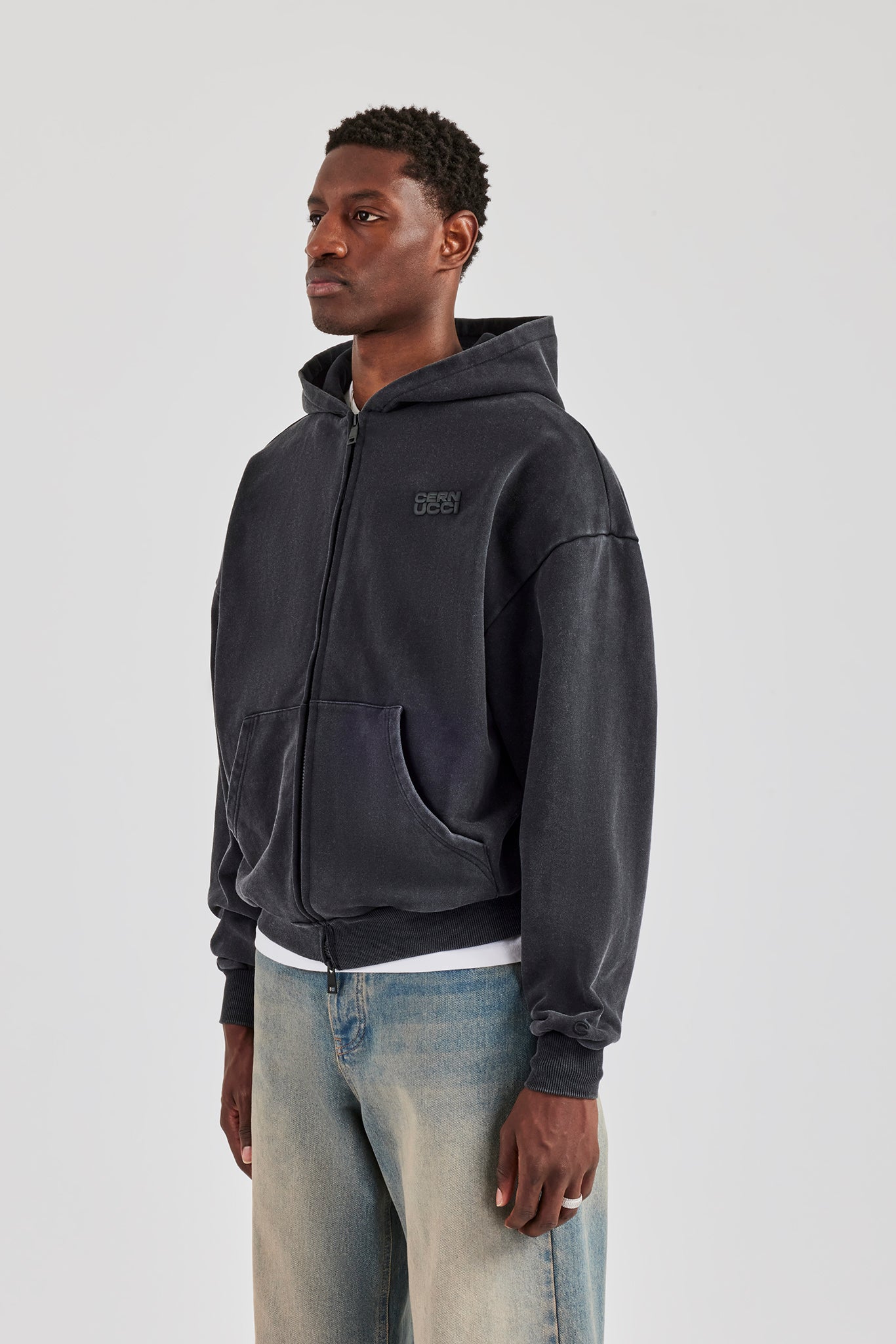 Washed Zip Through Hoodie - Black