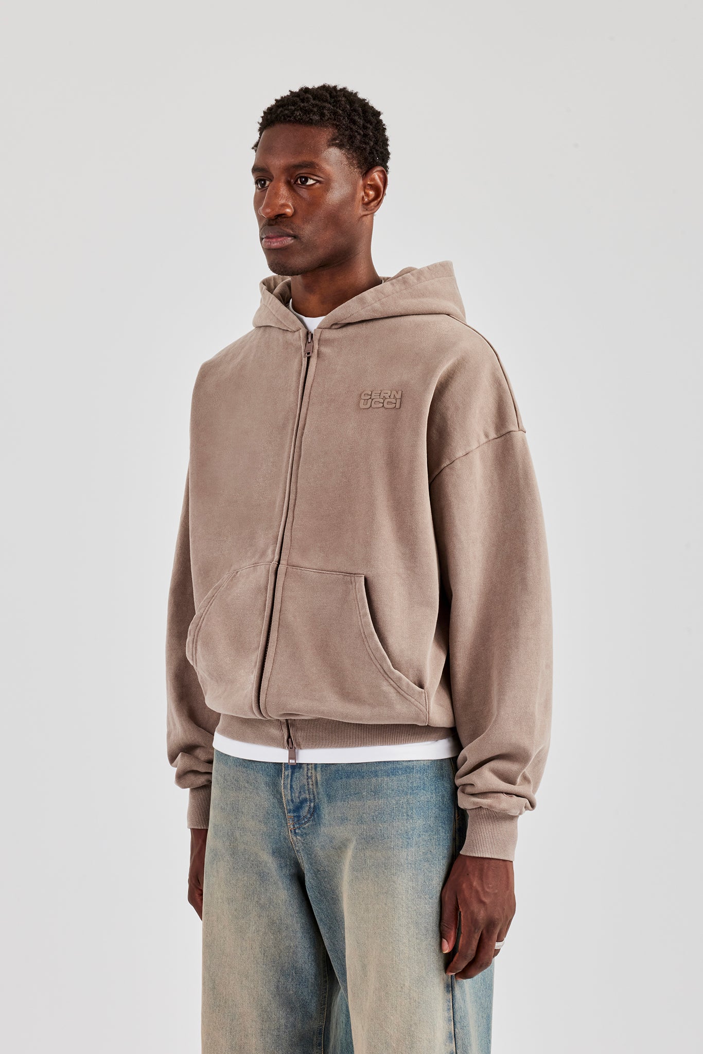 Washed Zip Through Hoodie - Taupe