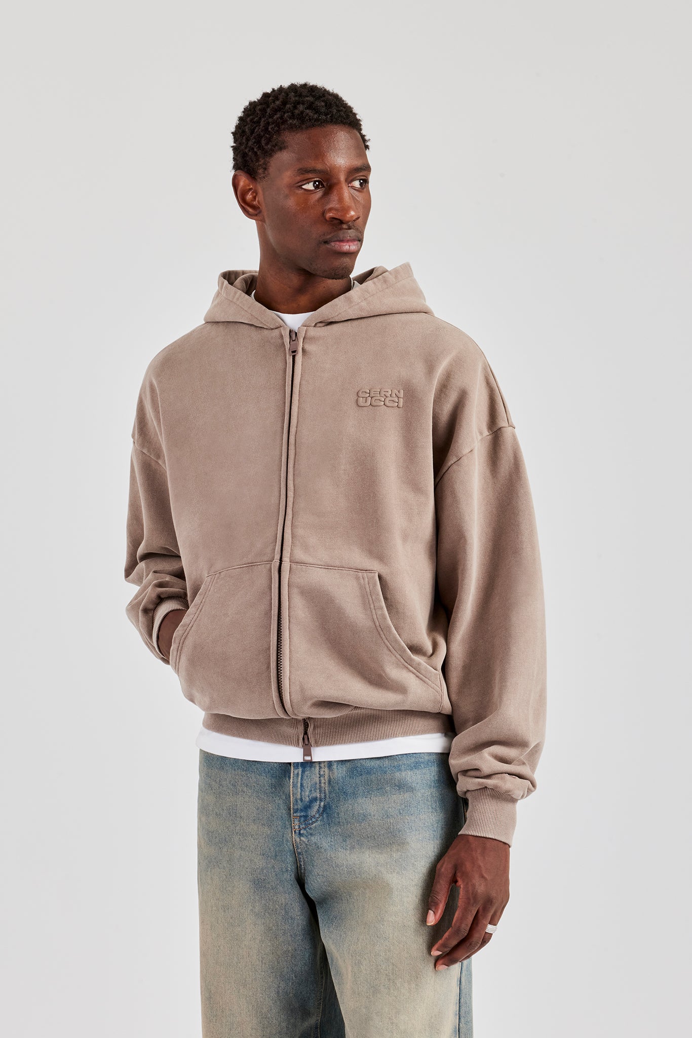 Washed Zip Through Hoodie - Taupe