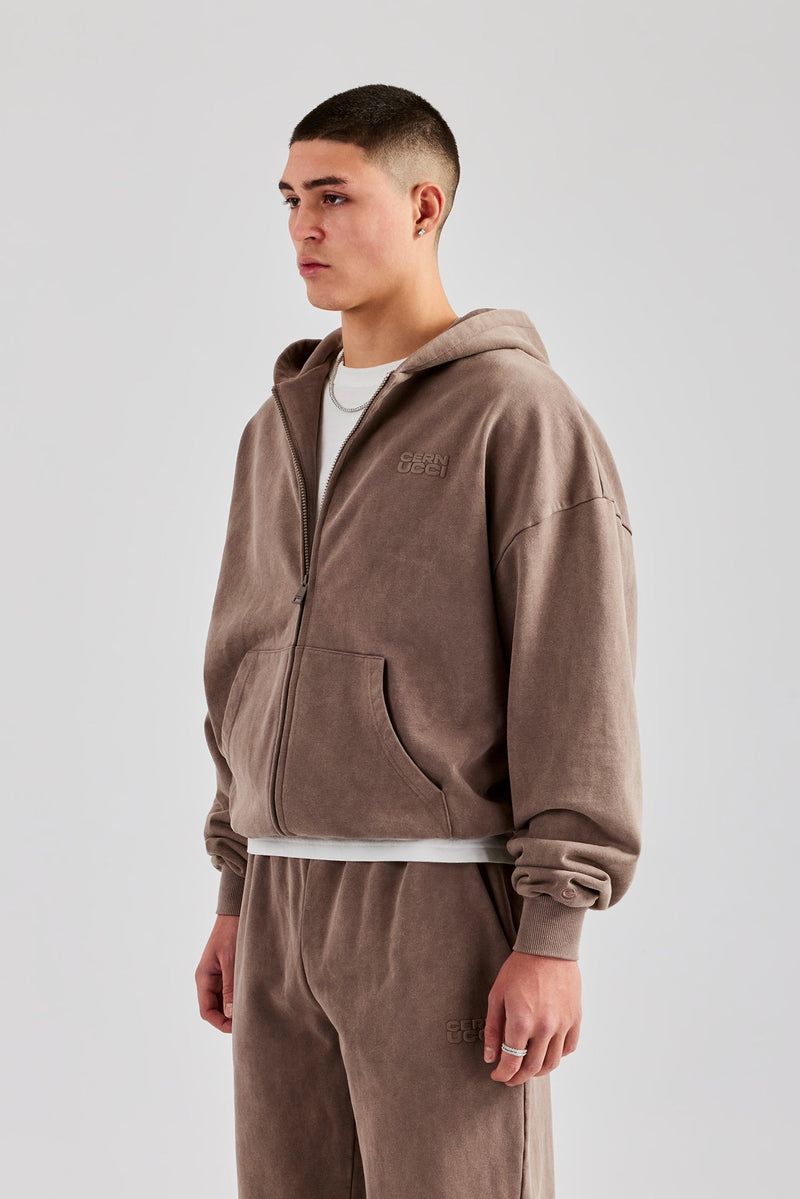 Washed Zip Through Hoodie - Taupe