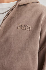 Washed Zip Through Hoodie - Taupe