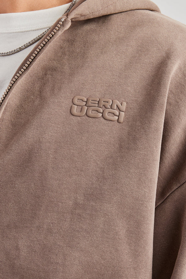 Washed Zip Through Hoodie - Taupe