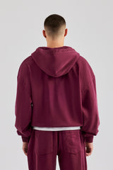 Washed Zip Through Hoodie - Burgundy