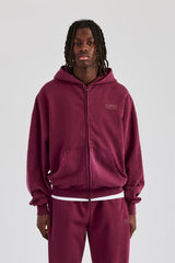 Washed Zip Through Hoodie - Burgundy