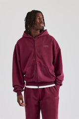 Washed Zip Through Hoodie - Burgundy