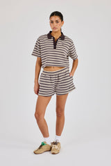 Textured Stripe Short Sleeve Polo - Brown