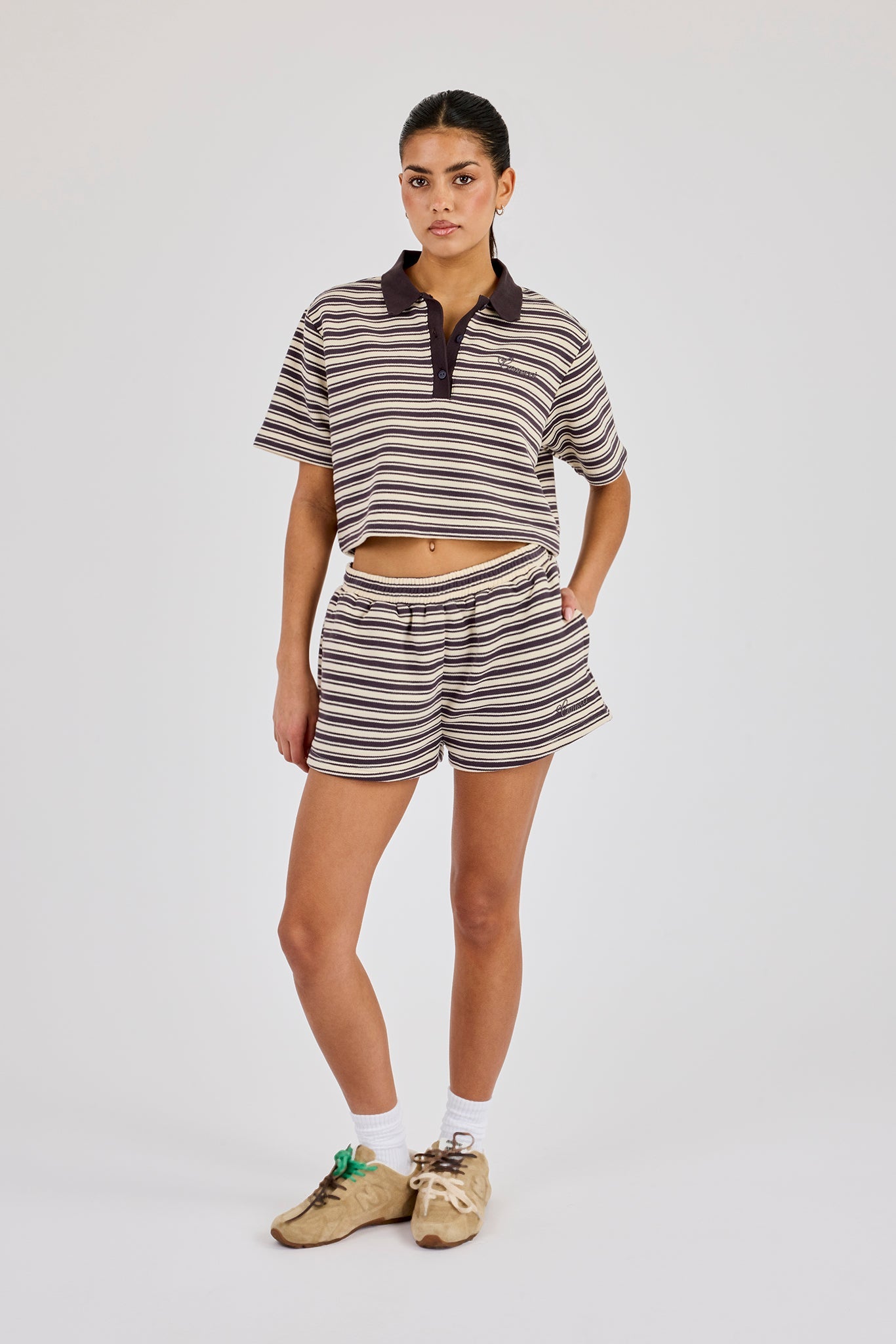 Textured Stripe Short Sleeve Polo & Short - Brown