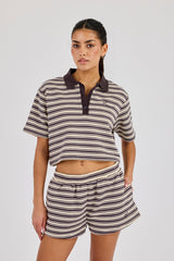 Textured Stripe Short Sleeve Polo - Brown
