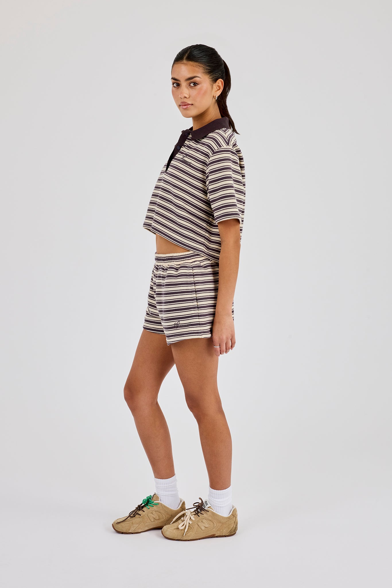 Textured Stripe Short Sleeve Polo & Short - Brown