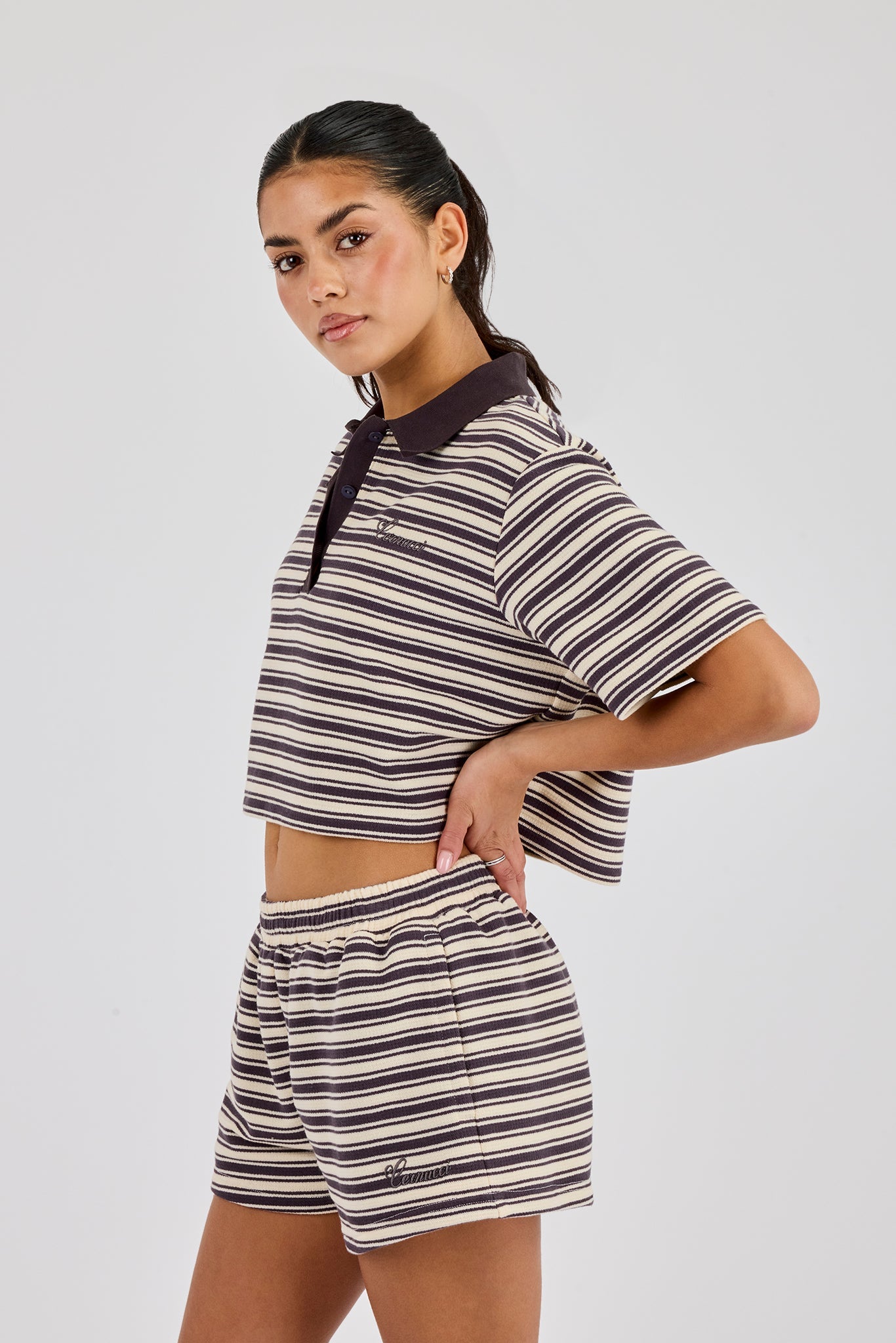 Textured Stripe Short Sleeve Polo - Brown