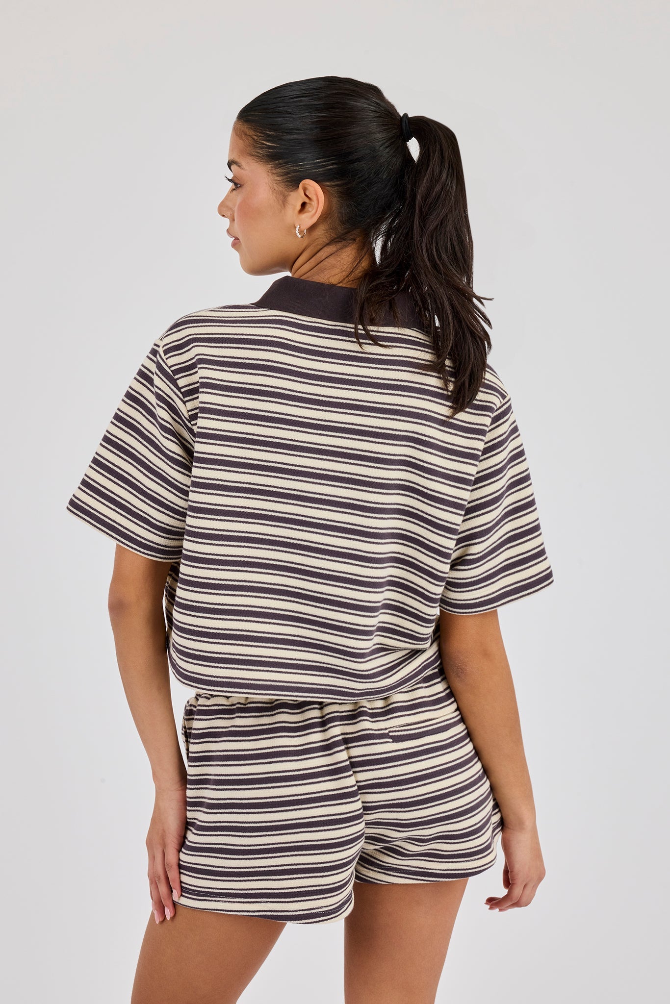 Textured Stripe Short Sleeve Polo - Brown