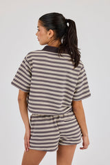 Textured Stripe Short Sleeve Polo - Brown