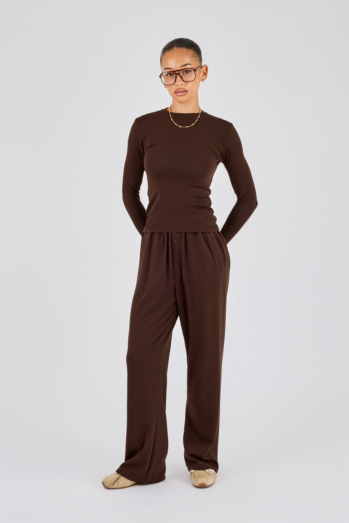 Soft Touch Button Detail Trouser - Chocolate