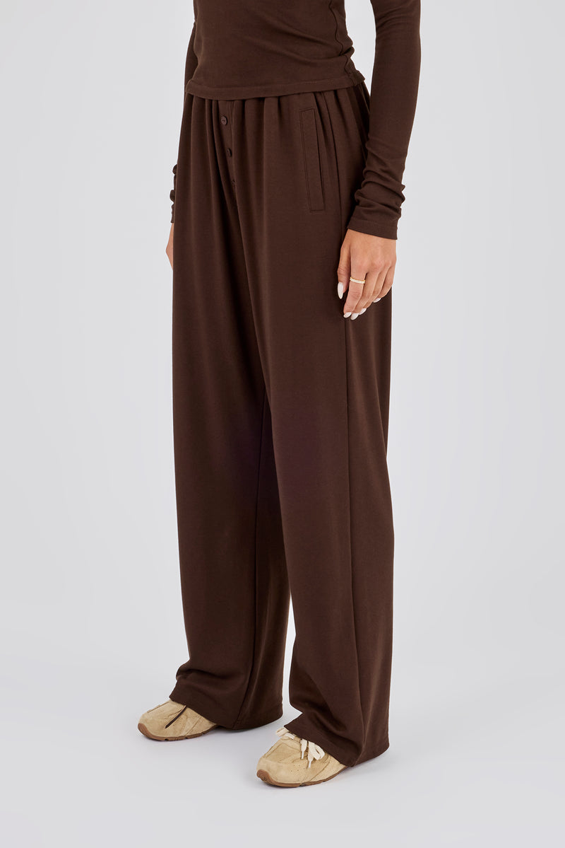 Soft Touch Button Detail Trouser - Chocolate