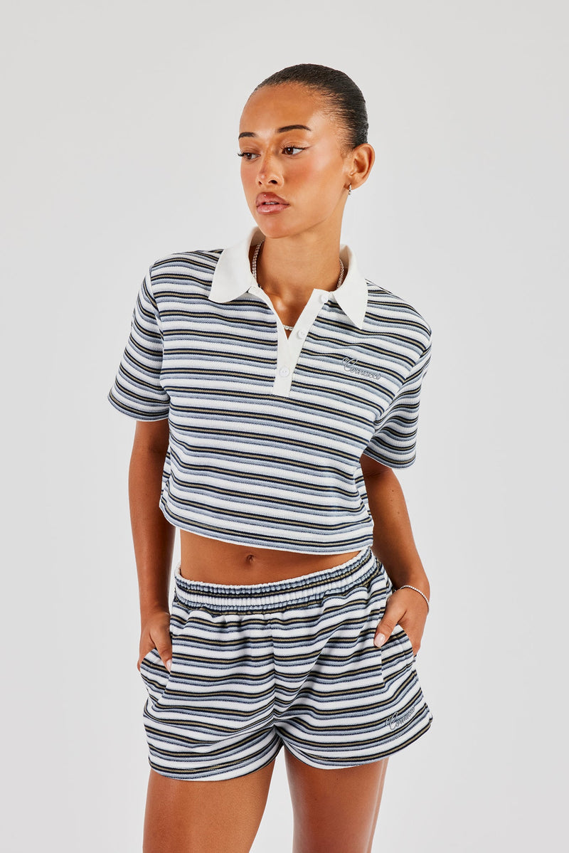 Textured Stripe Short Sleeve Polo & Shorts - Blue