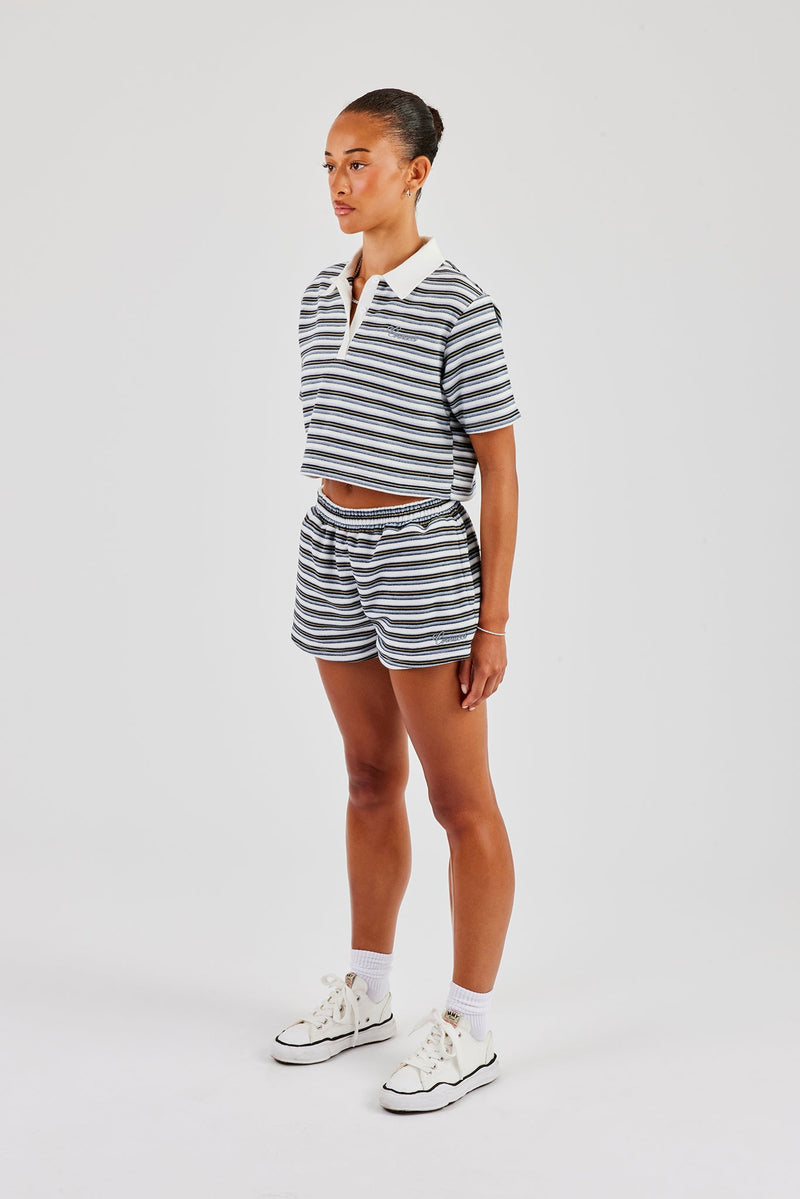 Textured Stripe Short Sleeve Polo & Shorts - Blue
