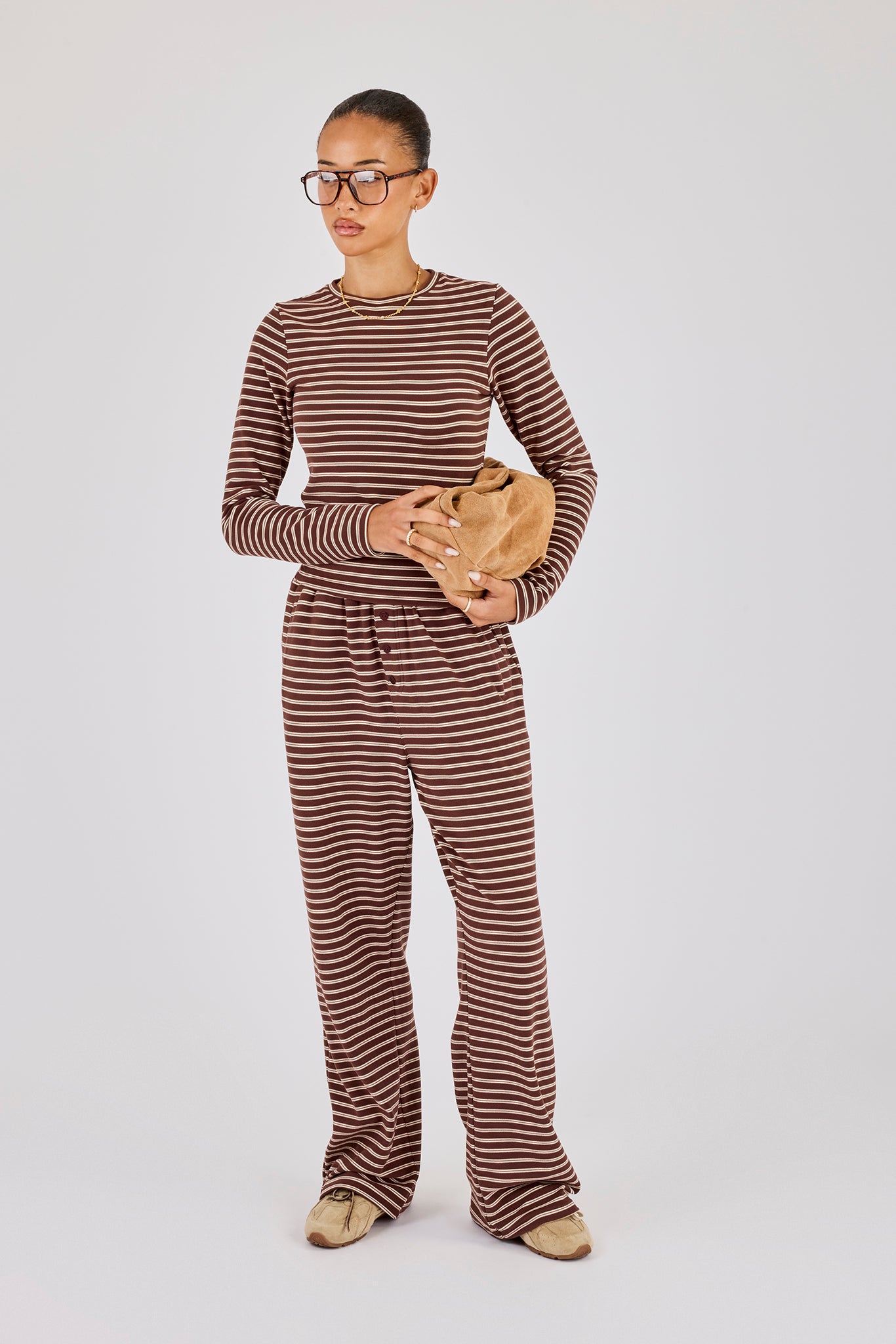 Soft Touch Double Stripe Wide Leg Trouser - Chocolate