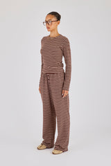 Soft Touch Double Stripe Long Sleeve Top & Wide Leg Trouser - Chocolate