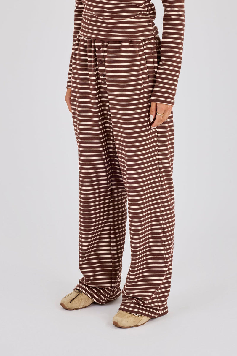Soft Touch Double Stripe Wide Leg Trouser - Chocolate