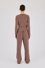 Soft Touch Double Stripe Long Sleeve Top & Wide Leg Trouser - Chocolate