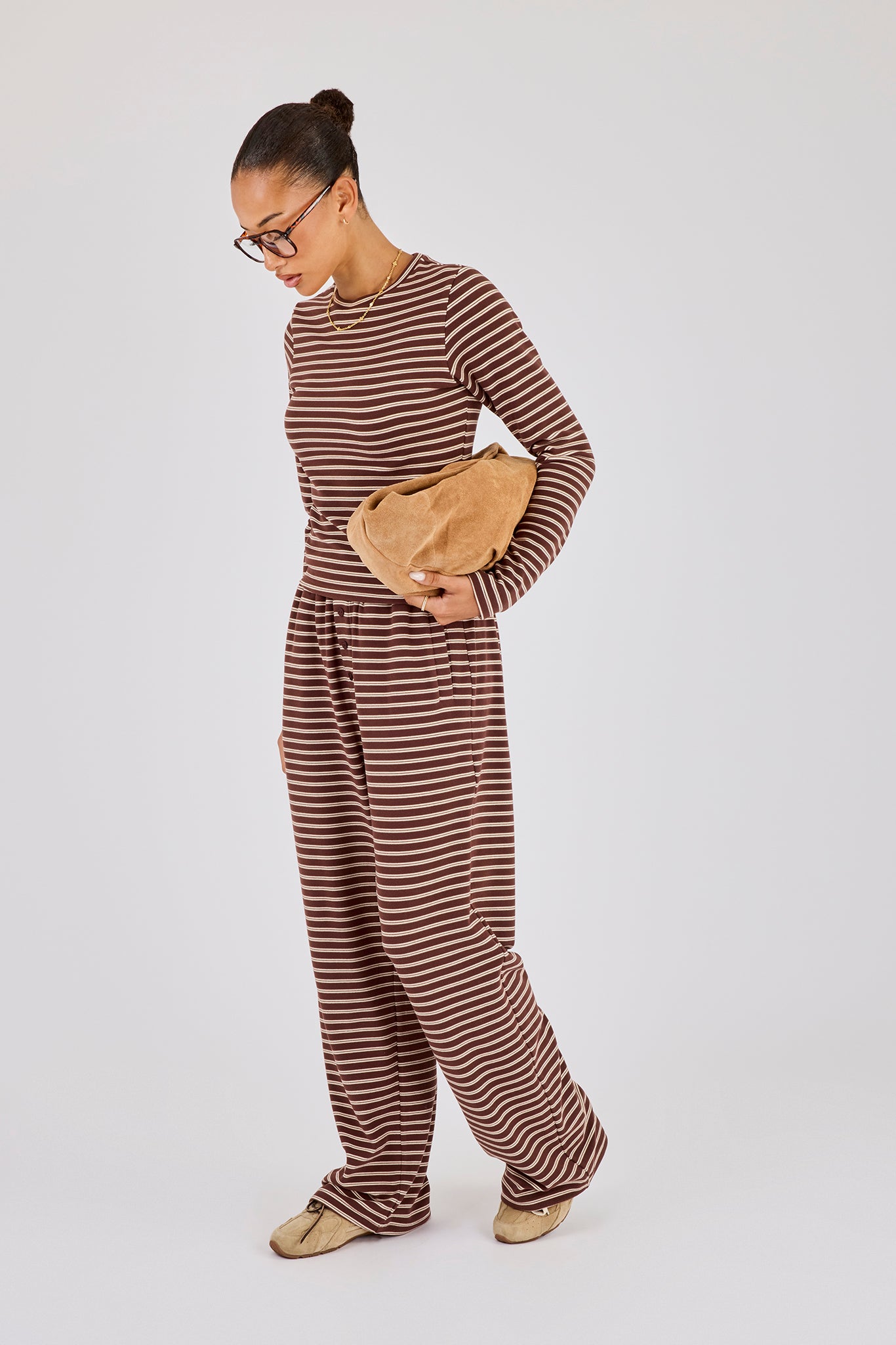 Soft Touch Double Stripe Long Sleeve Top - Chocolate