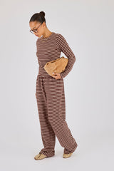 Soft Touch Double Stripe Long Sleeve Top & Wide Leg Trouser - Chocolate