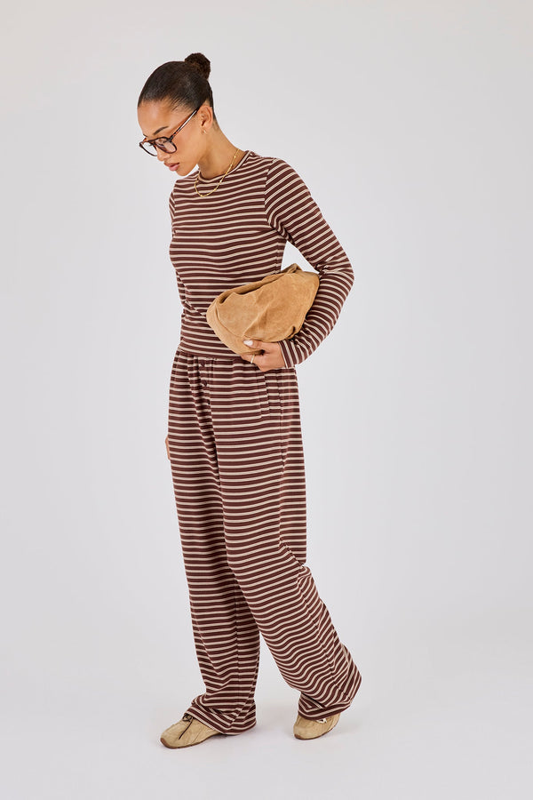 Soft Touch Double Stripe Long Sleeve Top & Wide Leg Trouser - Chocolate