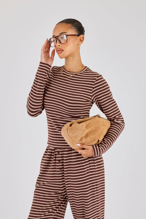 Soft Touch Double Stripe Long Sleeve Top - Chocolate