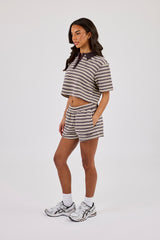 Textured Stripe Short Sleeve Polo & Short - Brown